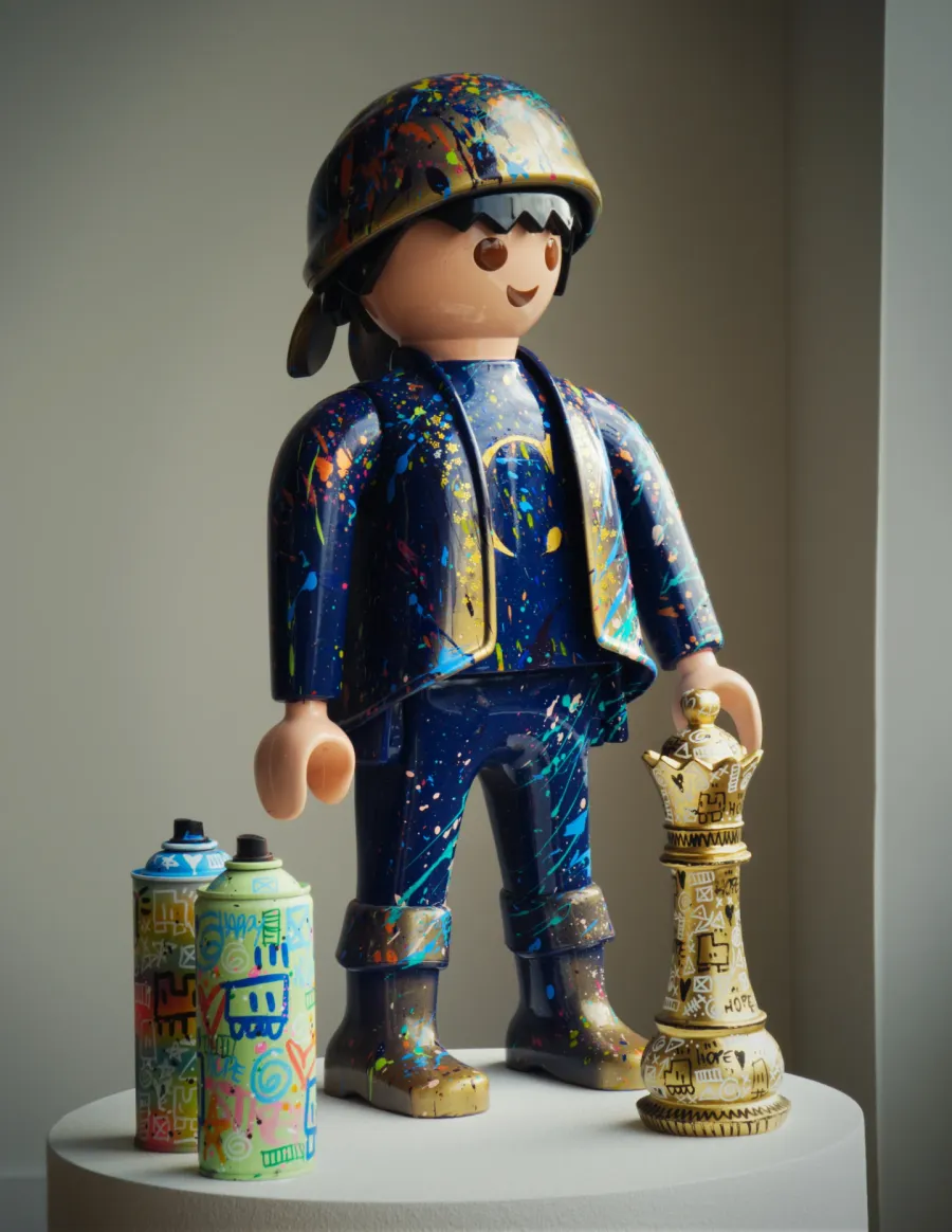 Grande figurine peinte bleu nuit, bombes de peinture et pièce d’échecs dorée réunies sur une table.