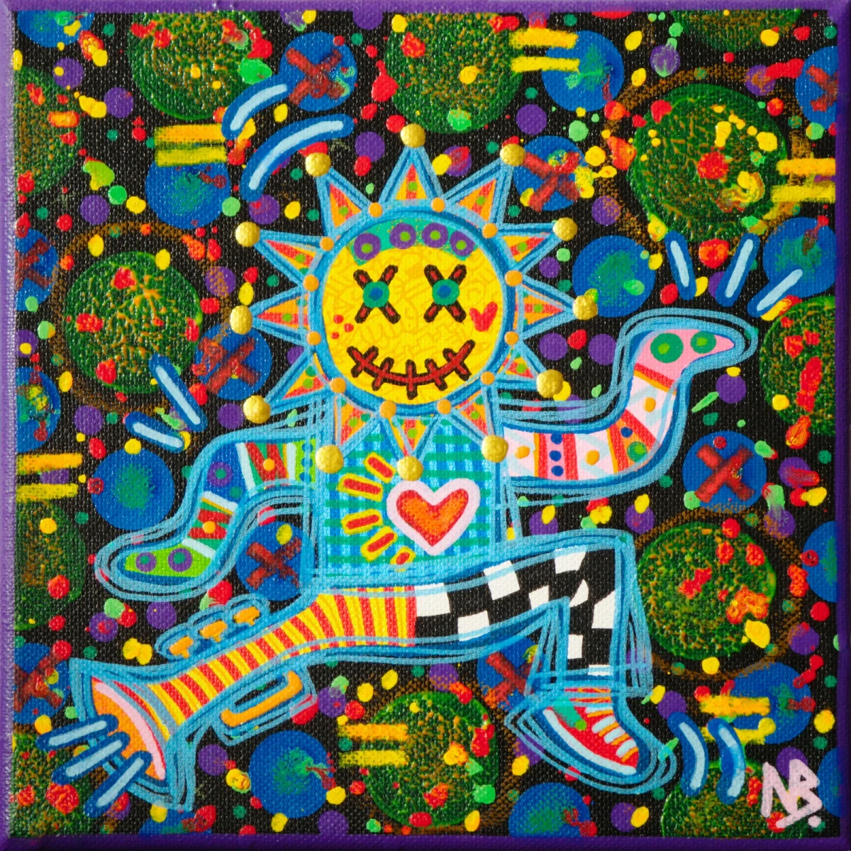 Peinture de Nina Bruneau : un personnage solaire multicolore, entouré de fleurs et de motifs sur fond sombre, bordé de violet.