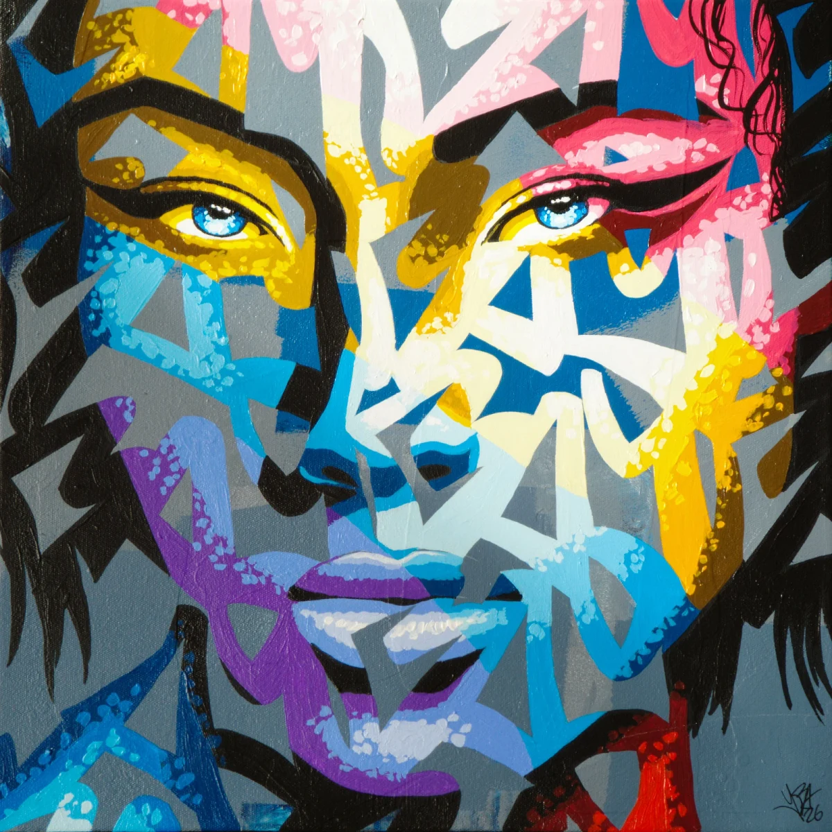 Portrait peint par Yoann Bonneville, traversé de bleu, de rose et de jaune, avec des yeux bleus et une matière en relief.